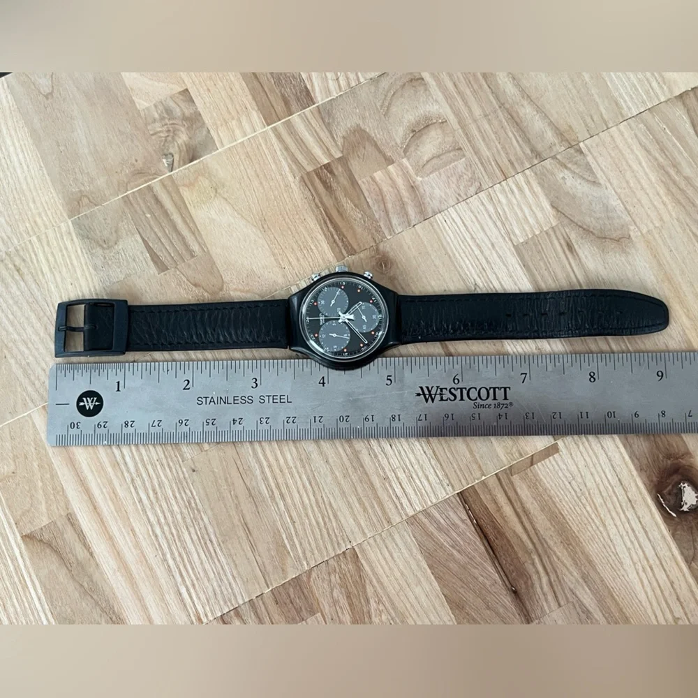 Swatch Chronograph 1991 Wall Street Super Rare Vintage Watch Black Dial Leather